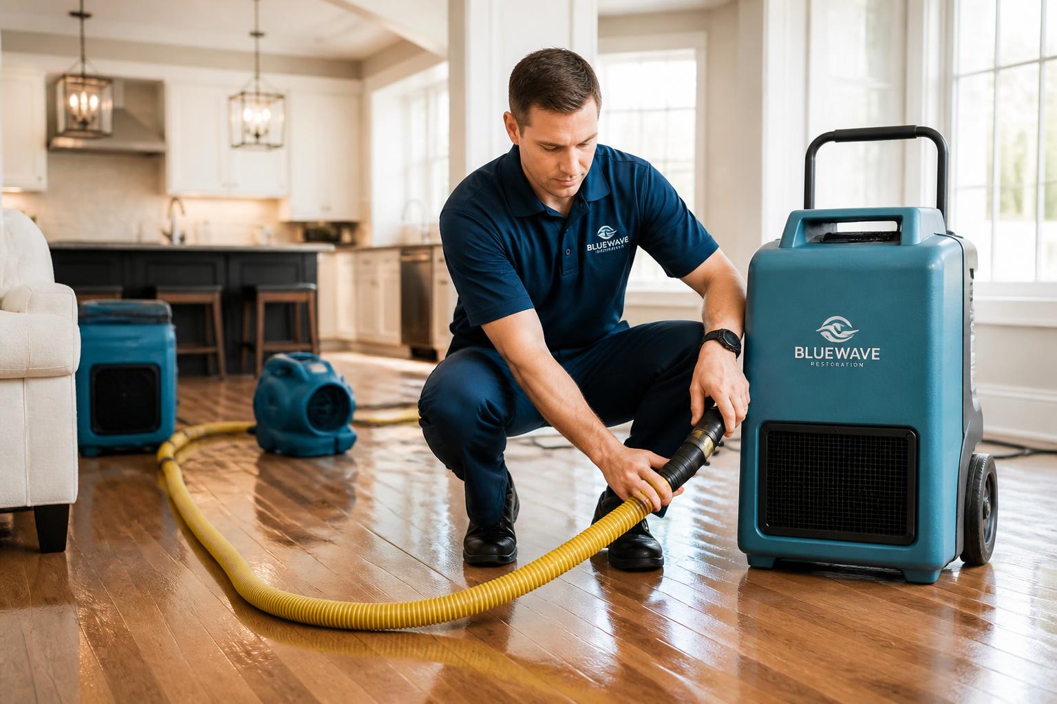 Uniformed restoration technician working in a clean home interior